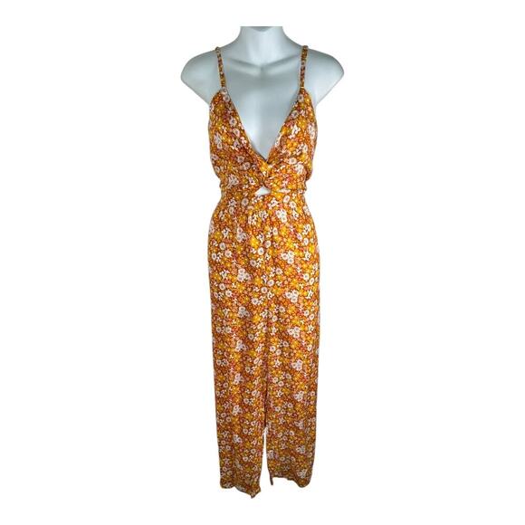 Larsyn & Lily Floral Burnt Orange Jumpsuit Smock Back Deep V-Neck Size Large - Picture 15 of 15